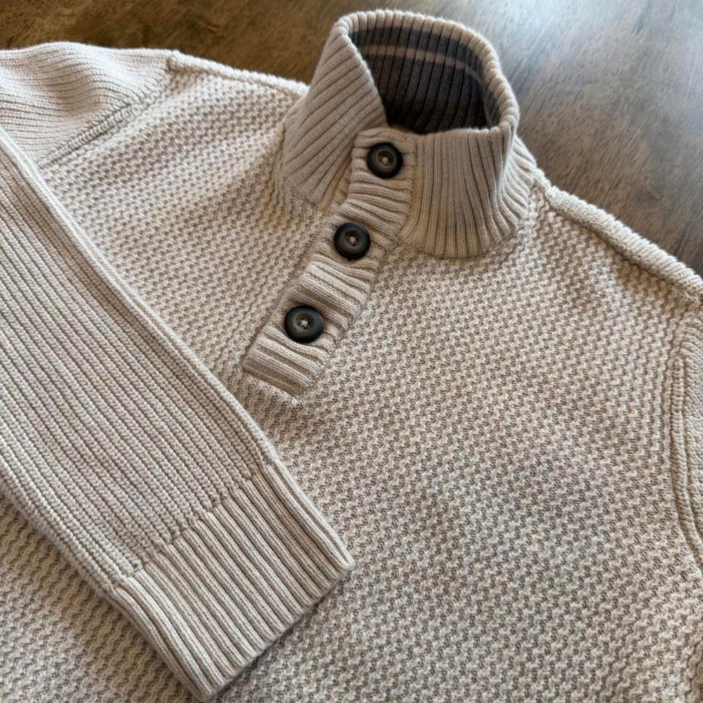 American Rag Mens Sweater 100% Cotton Button Neck Cream Color- Size Medium